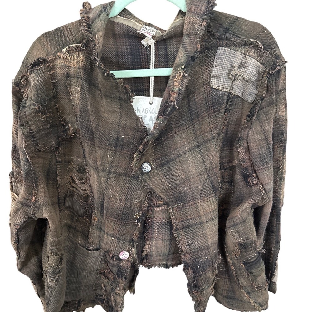 Magnolia Pearl Rooibos Distressed Brown Plaid Jacket Patchwork Hobo NWT Frayed